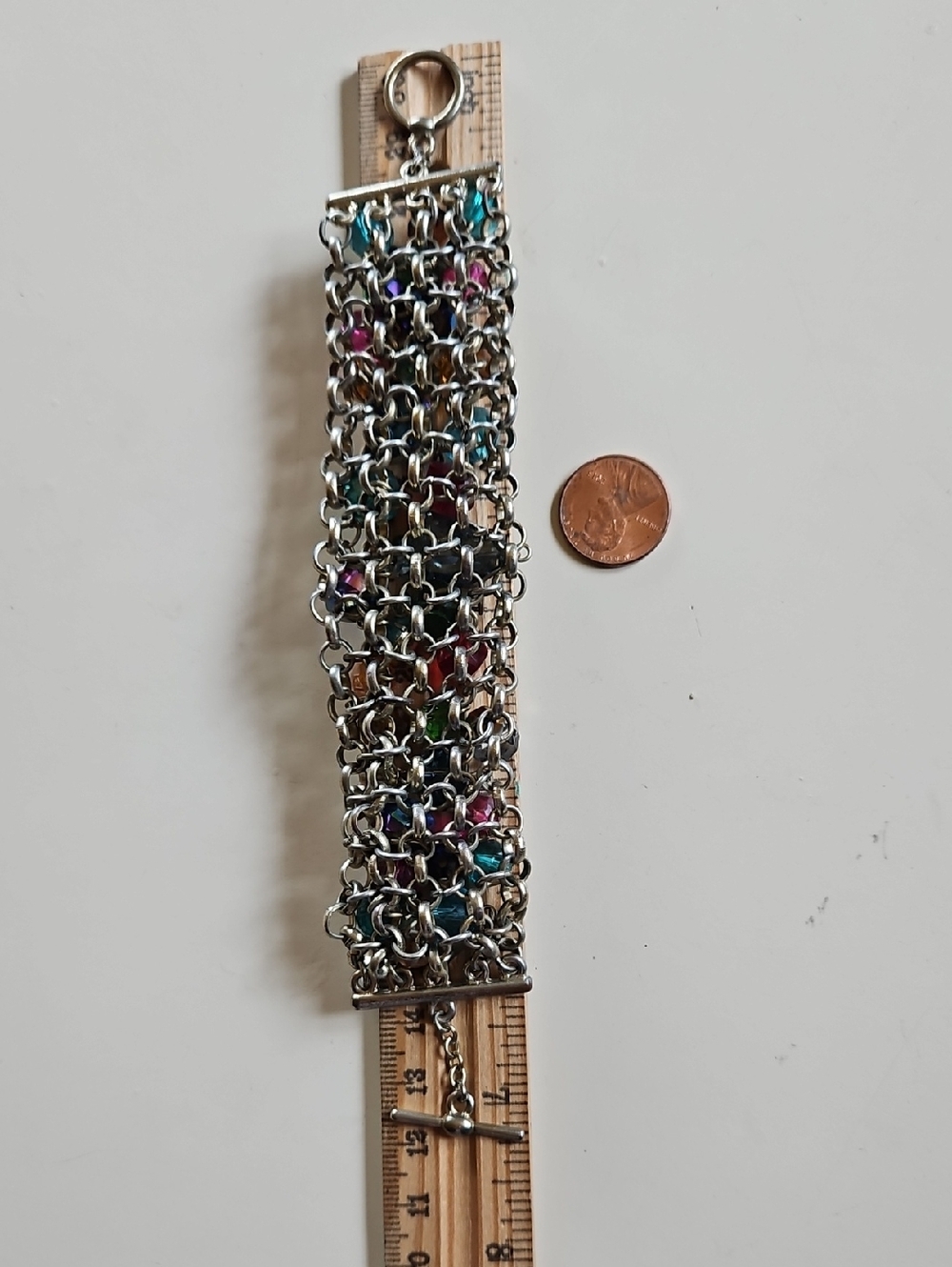 Multicolor Crystal Aurora Borealis Cluster Toggle Mesh Wide Bracelet Gold Tone - Picture 5 of 7